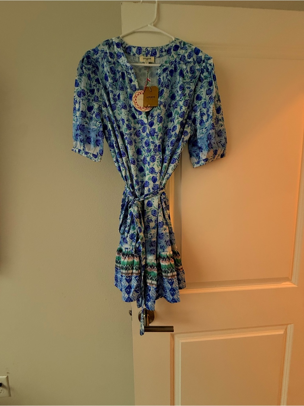 Umgee Blue Floral Tie-Waist Mini Dress
